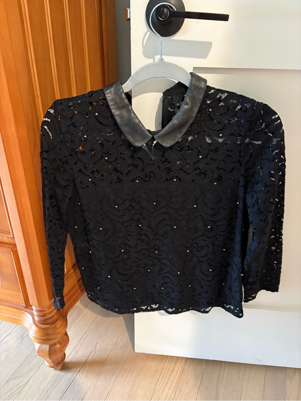 The Kooples Black Lace Blouse with Faux Leather Peter Pan Collar